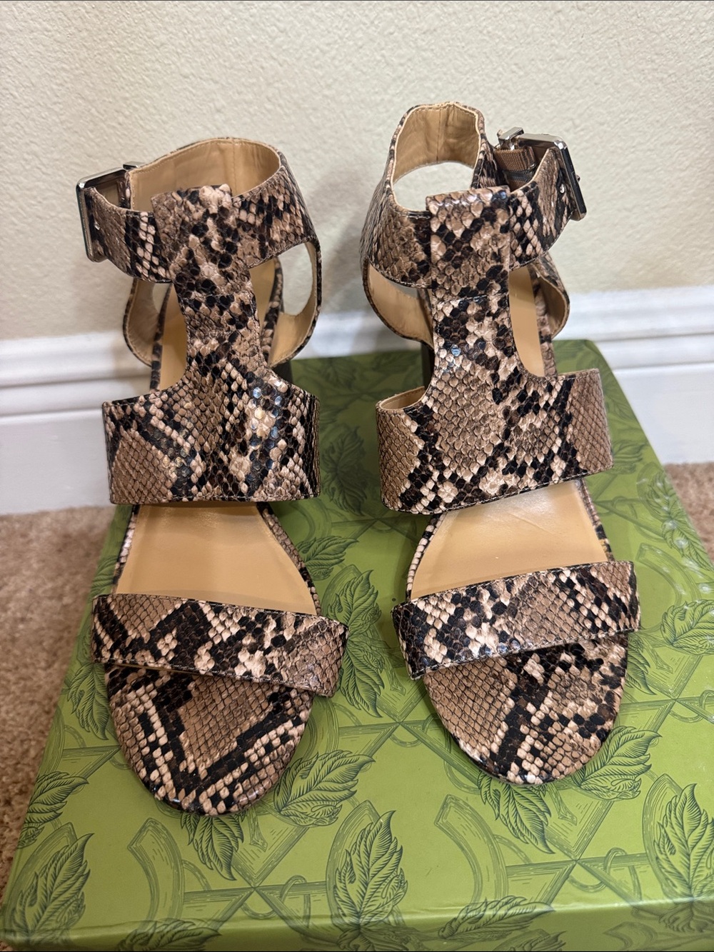 Express Snake-Print Strappy High Heel Sandals - Tan & Black